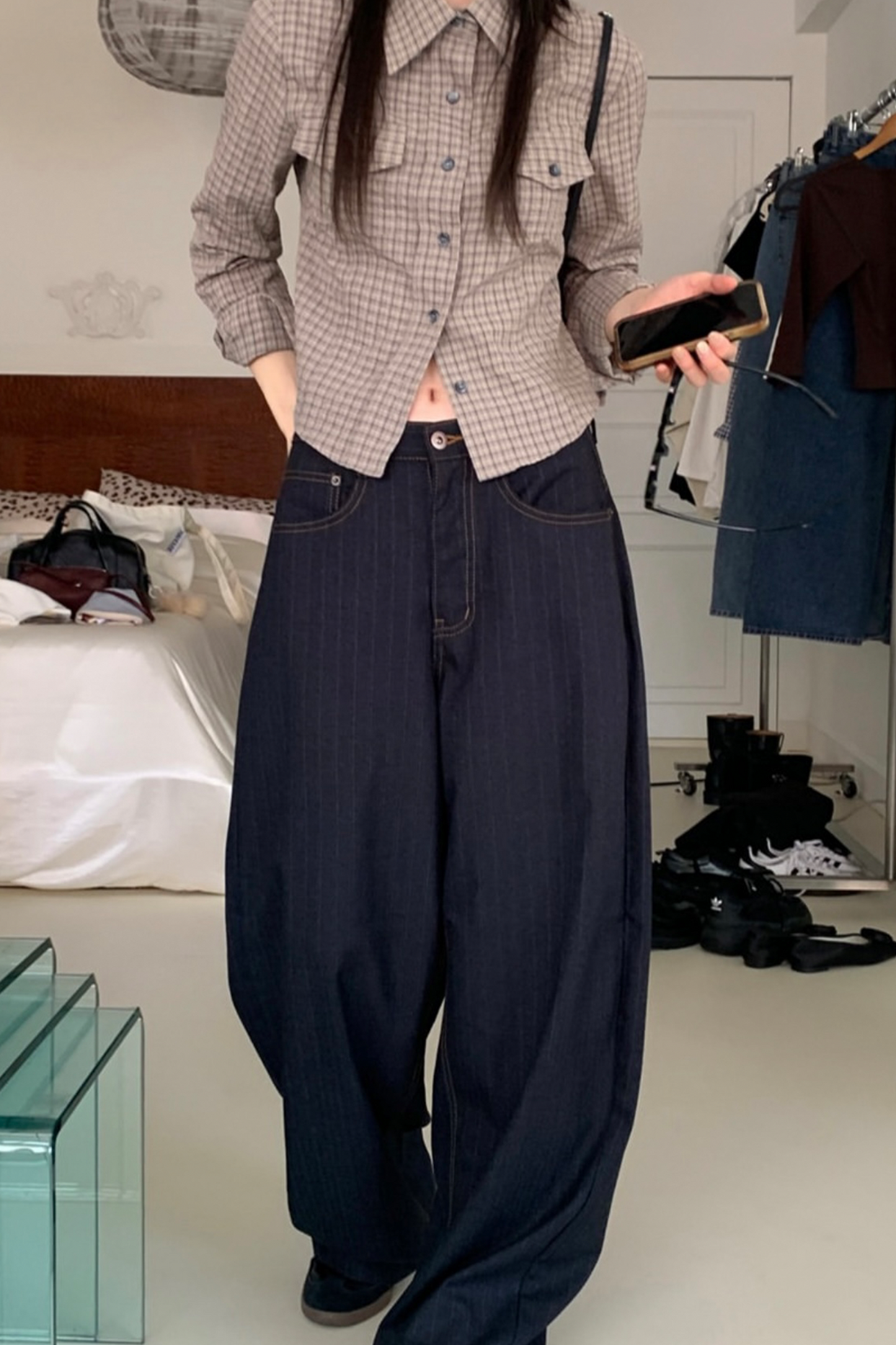 Develop Korea School Days Pinstripe Pants Dark Navy | ODD EVEN