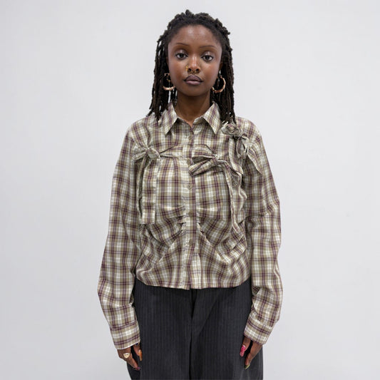Askhaki Seoul Ribbons Shirt Tan/Burgundy | ODD EVEN